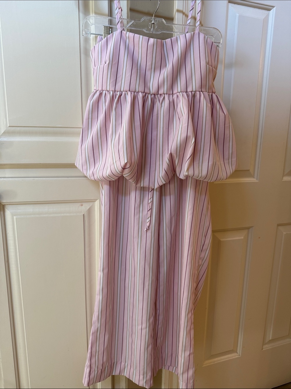 Pajama Set Pink Striped Bubble-Hem Top Adjustable Straps and Pajama Pants